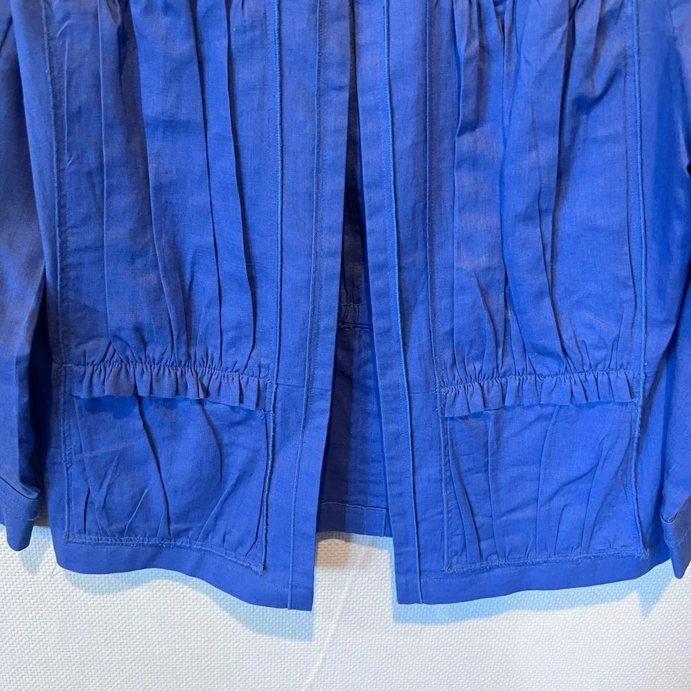 Chicos Periwinkle Blue Linen Blend Open Front Pleated Jacket Size 1 Medium